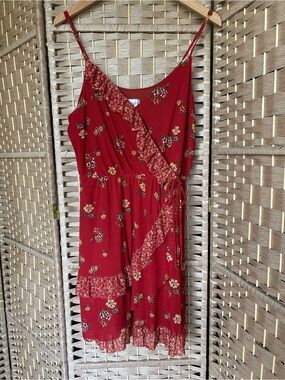 Xhilaration Burgundy Red Floral Ruffle Wrap Mini Dress